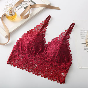 Floral Lace V Neck Bralette Women Adjustable Thin Straps Wireless Lace Bra Scalloped Edge Light Support Daily Underwear S-L