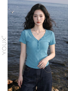 YOUXIANG | Áo Thun Ôm Body Cổ V Tay Ngắn