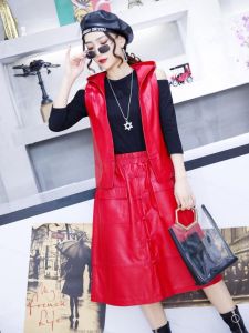 กระโปรงทรงเอหนังแกะสีแดงสำหรับผู้หญิง ฤดูใบไม้ร่วง/ฤดูหนาว กระโปรงทรงเอยาวถึงข้อเท้า ยางยืด กระดุม กระโปรงสั้น