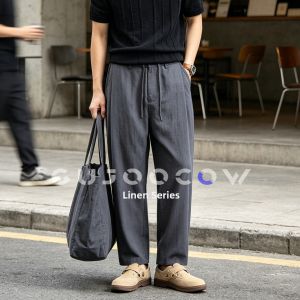 GUJOOCOW | Vintage Style Linen Mens Pants Slim Straight Trousers 9/10th Length