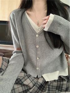 เสื้อสเวตเตอร์ถักสีบล็อกสไตล์เกาหลีสำหรับผู้หญิง ทรงหลวม ทรงสั้น ทรงหลวม สไตล์ฤดูใบไม้ร่วง/ฤดูหนาว เสื้อสเวตเตอร์ถักคอวีแขนยาว