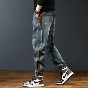 American Style Spliced Work Pants Mens Loose Casual Cargo Jeans Cotton Stretch Fabric All Seasons Wear Resistant Youth Fashion