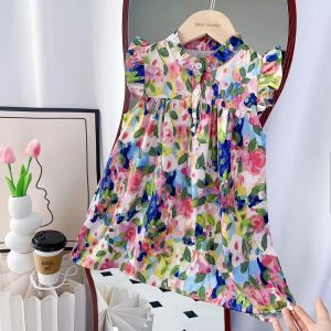 เด็กผู้หญิงฤดูร้อนเสื้อผ้าแฟชั่นใหม่แขนกุด O-คอพิมพ์หลวมเอ-ไลน์ชุด 1 ชิ้น 2-7 ปีเด็กวันหยุดสวมใส่สบายๆ