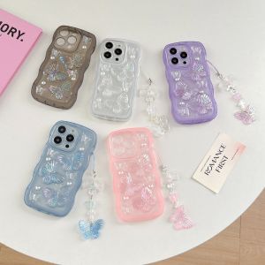 [Mới] Vỏ điện thoại keo dán Ngọc Trai & họa tiết hình bướm viền lượn sóng màu 3D có mặt dây chuyền bướm cho iPhone 7 8 x XS XR 11 12 13 Series