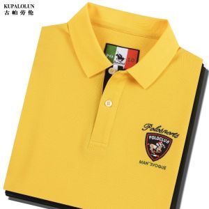 เสื้อยืดคอโปโลผู้ชายแขนสั้นสีเหลือง Pure Cotton Loose Fit Golf เสื้อตัวบนฤดูร้อนสำหรับผู้ชาย ทรงหลวม สไตล์ธุรกิจ