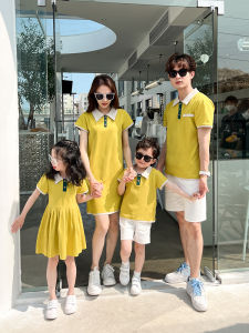 Fashionable Summer Outfit Family Three Members Mother Daughter Son Dress High End Polo Set Cotton Material Korean Style Pure Color