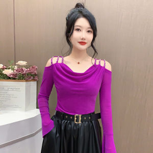REHIN Autumn New Stylish Hollow Mesh Rhinestone Long Sleeve T-shirt Off ths Shoulder Trendy Womens Top