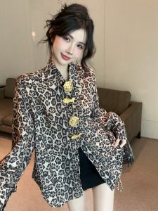 GUZILIAN | Retro Hong Kong Style Loose Fit Long Sleeve Leopard Print Shirt Heavy Embellished Buttons Trendy High-End Feel Top For Women
