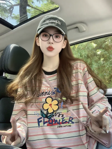 Womens Loose Long Sleeve T-Shirt Floral Print Base Shirt Korean Style Anti-Aging Color Block Top Spring Autumn Seasonal Wear