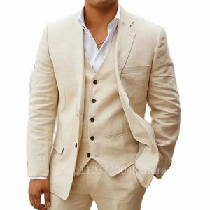 3 Piece Mens Linen Suit Beach Wedding Suit Summer Slim Fit Notch Lapel Jacket Groomsmen For Wedding/Psrty(Blazer+Vest+Pants)