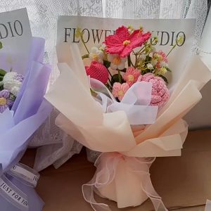 Crochet Flower Bouquet Handmade Knitted Flower Artificial Bouquet Carnation Galsang Rose Bouquet Mothers Day Birthday Graduation Celebration Bouquet