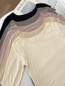 Beiraya Ladies Thermal Shirt Long Sleeve Thin Low Neck Warm Cold Proof Velvet Base Layer High Elasticity Underwear Home Clothes