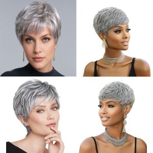 European and American real hair wig full head cover mechanism short light gray cross-border