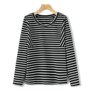 Slimming Stripe Patchwork round Neck Casual Cotton Polyester Blend Long Sleeve T-Shirt for Women Comfortable Breathable Streetwear