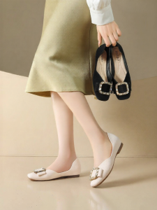Josiny | Square Buckle Low Heel Flat Womens Shoes Soft Bottom French Style Open