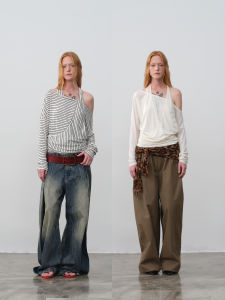 OClock Asymmetric Long Sleeve T-Shirt Silk Wool Stripe Solid Color Batwing Sleeve Drawstring Tie Autumn Thin Regular Length