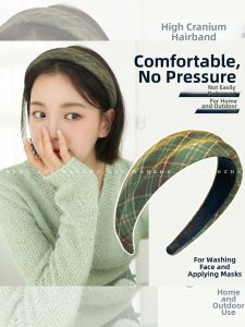 WENZHU | Elegant and Whitening Green Plaid Wide-Band Cloth Headband 2026 New Design High Forehead Accent Hair Accessory