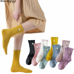 Ruizhijzg Ready Stock Women Cotton Socks Cute Flower Ladies Girls Print Embroidery Female Socks  Solid Color