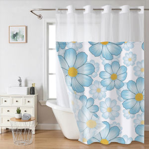 No Hook blue flower pattern Shower Curtain With Snap-in Fabric Liner Sheer Top Window Waterproof Double Layer Bathtub curtain