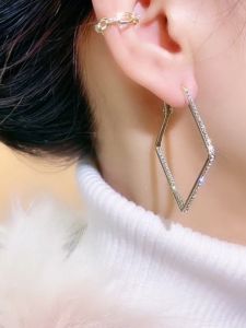 Elegant Geometric Square Large Earrings Pure Silver Needle Embedded Diamond Rhombus Womens Ear Jewelry Fashionable New Arrival