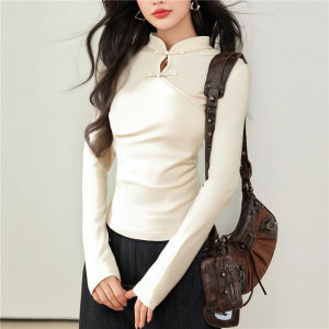 New Chinese Style Pure Cotton Long Sleeve T-Shirt Womens Design Sensation Slimming Hollow out Button Stand Collar Top