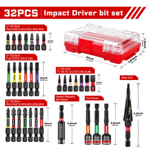 Geinxurn 32PCS Screwdriver Bits Set Magnetic S2 Steel 1”/2 PH/SQ/Torx Impact Bit Holder and Nut Driver with Red Box Case