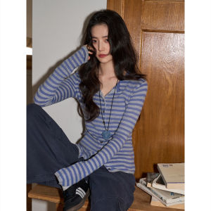 Áo Cardigan Knit Cổ V Sọc Đối Chiếu Dài Tay Ngắn Ôm