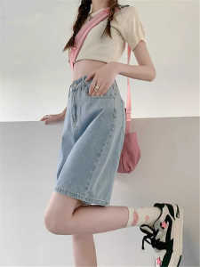 กางเกงขาสั้นผ้ายีนส์ทรงหลวมเอวสูงสำหรับผู้หญิง ทรงขาบาน 5 ชิ้น ทรงหลวม กางเกงขายาว ทรงหลวม ทรงลำลอง ฤดูร้อน