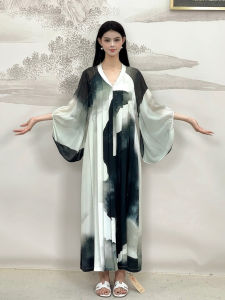 Traditional Chinese Style 100% Silk Embossed Floral Print Flared Three Quarter Sleeve V-Neck Belted Skirt