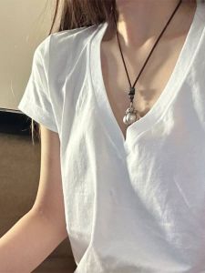 Loose Cotton V-Neck Short Sleeve T-Shirt Womens Spring Summer New Style Korean Version High Waist Straight Cut Base Top