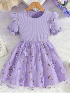 Princess Style Summer Dress for Girls Short Sleeve Mesh Skirt Children Baby Clothing Cotton Blend Fabric Daily Wear A-Line Skirt