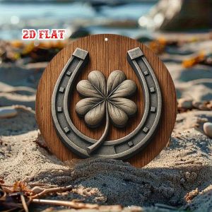 2DLucky Horseshoe Round Wooden Disc Four-Leaf Clover Irish Good Luck Symbol Sign Home Garage Cafe Retro Country Style Decor Gift