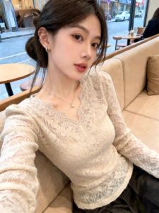 GEBOFU | French Maturity Style V-Neck Lace Long Sleeve T-Shirt Spring/Autumn Underwear Slim