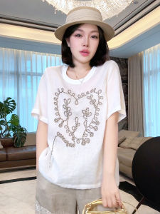 ME MAX Heart T-Shirt Mixed Flax Cotton Breathable 3D Embroidery Slimming Fashionable Short Sleeve Summer Top MESS44