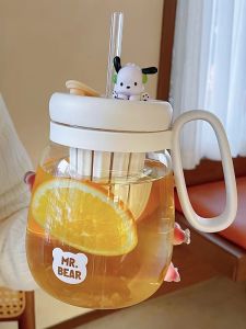 ถ้วยชงชาแยกใบชาถ้วยแก้วมีมูลค่าสูงสำหรับผู้หญิงแก้วน้ำที่นิยมในโลกออนไลน์แก้วสกัดเย็นแบบใสสำหรับสำนักงานพร้อมหลอดดูด