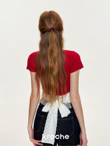 Kroche 25ss Xiaotang Detachable Lace Belted Waist Exposing Slim Fit Knitted Short Sleeve T-Shirt Korean Style Commute Fashion