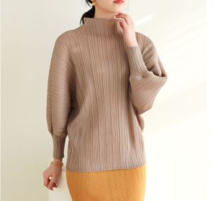 Miyake High-end Ruched Arm Slimming Casual Versatile Half Turtleneck T-shirt #2197