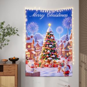 VIKAMA Blue Firework Christmas Tree Wall Tapestry Night Sky Colorful Light Ornament Ball Snowflake Star Holiday Aesthetic Home