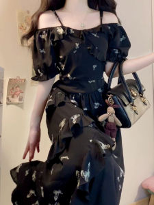 LIRUSHAN | French Elegant Floral Halter Neck Gown Womens Summer Fashion High Waist Short Sleeve Standard Fit A-Line Dress For Young Ladies