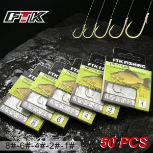 Bộ 50 Móc Câu Cá Chép FTK 1 # -8 #   Dây Câu Cá Chép Nước Ngọt Đã Buộc Sẵn Mạ Vàng Thép Carbon Cao Cấp Dài 70cm