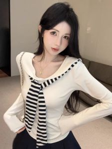 GUZILIAN | Slim Fit Navy Collar T-Shirt High Waist Short Skirt Two Piece Set Korean Style Commute Long Sleeve Casual Autumn Collection