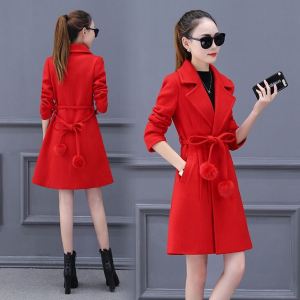 Womens Woolen Coat Slim Fit Waist Cinched Korean Style Mid-Length Versatile Polyester Fabric Long Sleeve Pure Color Coat