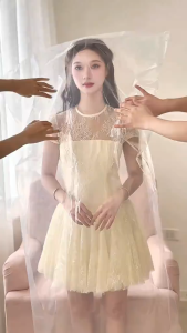 Đầm xòe ren phối lưới tay ngắn cổ kín form tiểu thư - liền quần bảo hộ CLOUDYPINK V10