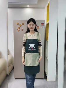 Cute Bear Waterproof Kitchen Apron for Women with Storage Pocket and Detachable Towel Durable Wear Resistant Cooking Baking Bib Apron Workwear for Restaurant Cafe Home Kitchen Cooking Accessories