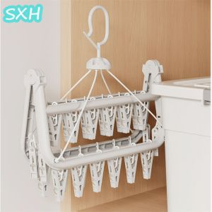SXH Multi Clip Clothes Hanger Non Punching Sock Drying Underwear Folding Household Plastic Hanging Balcony Drying Rack Divine Tool