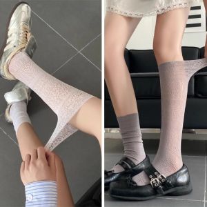 Womens Lolita Socks Transparent Mesh Hollowed Out White Pile Stocking JK Silk Retro Flower Breathable Crew Socks Woman