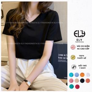 Áo thun nữ kiểu cổ tim ngắn tay form vừa chất borip cao cấp co giãn 4 chiều màu trắng đen thời trang đẹp Áo phông nữ cổ tim kiểu basic co giãn 4 chiều cao cấp vừa xinh EL205