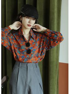 Floral Print Long Sleeve Christmas Party Womens Shirt Korean Style Loose Fit Polyester Polyester Blend Fashionable Top