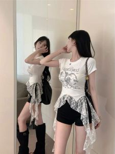 Áo Thun Nữ Tay Ngắn Mùa Hè Thường Ngày Cotton Pha Trộn Thời Trang Đường Phố Cổ Tròn in Họa Tiết Ngắn