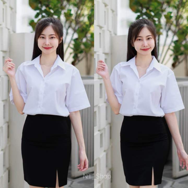 ⚡️เสื้อนักศึกษาทรงบอย(แขน10นิ้ว)ไม่มีกระเป๋า[ทรงสลิม]เข้ารูป | Lazada.co.th